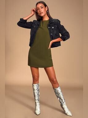 Lulus Shift and Shout Olive Green Short Sleeve Mini Shift Dress Size S NWT